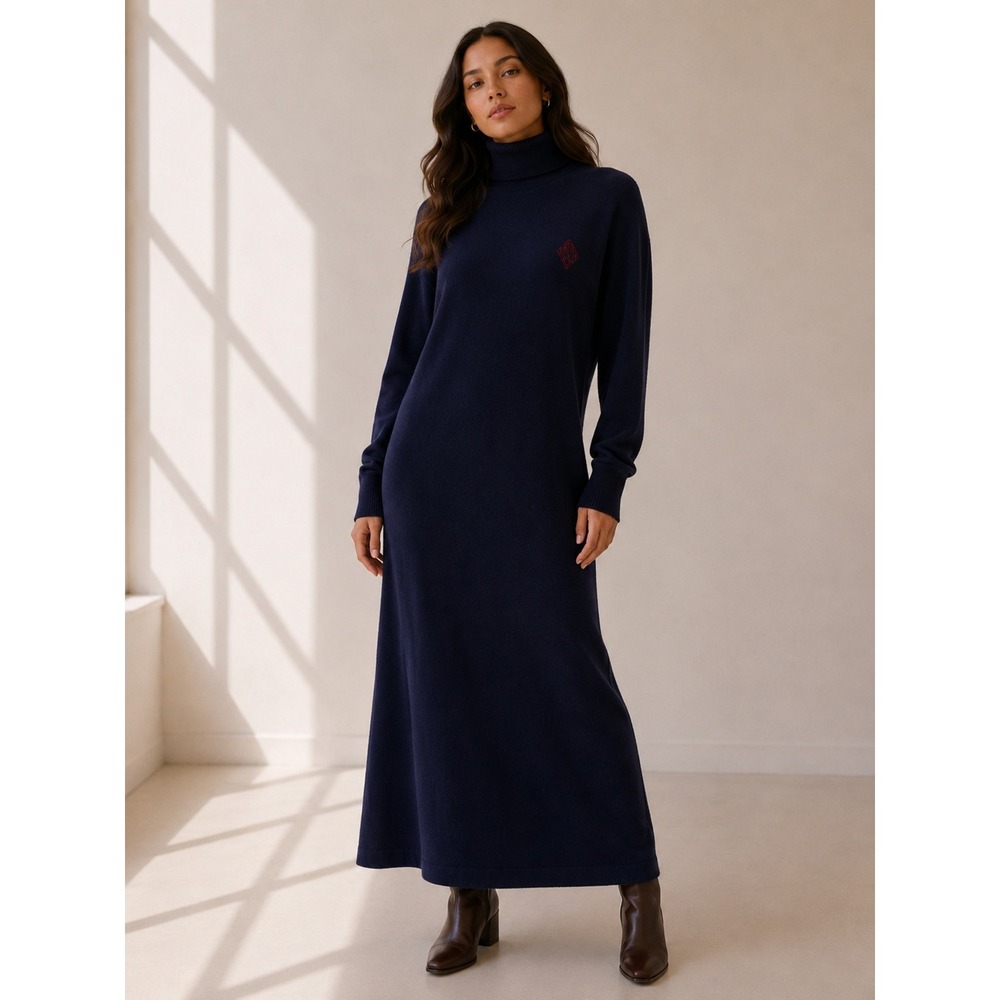 Vintage Ralph Lauren‎ Sweater Dress Womens L Navy Lambswool Turtleneck Preppy